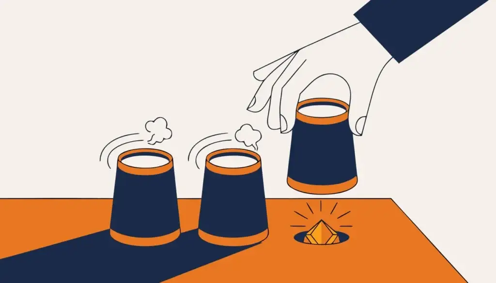 Illustration of three cups on a table, with a hand lifting one to reveal a gem, representing three AI courses where only one delivered real value
