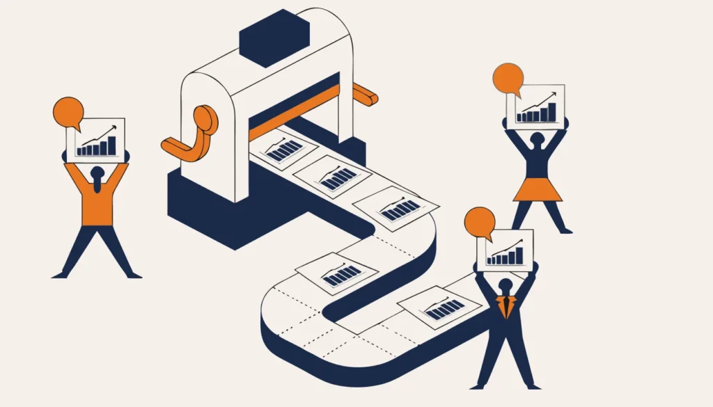 Illustration of a machine producing identical charts on a conveyor belt while three people each hold up the same chart as their own